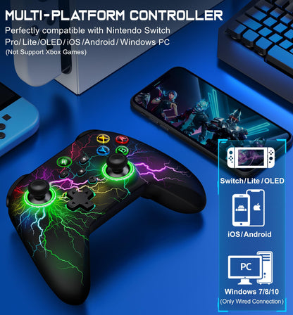 Svetaecho Wireless Switch Pro Controller - LED RGB, Compatible with Nintendo Switch/Lite/OLED, Red-Light Up, Model BLITZ