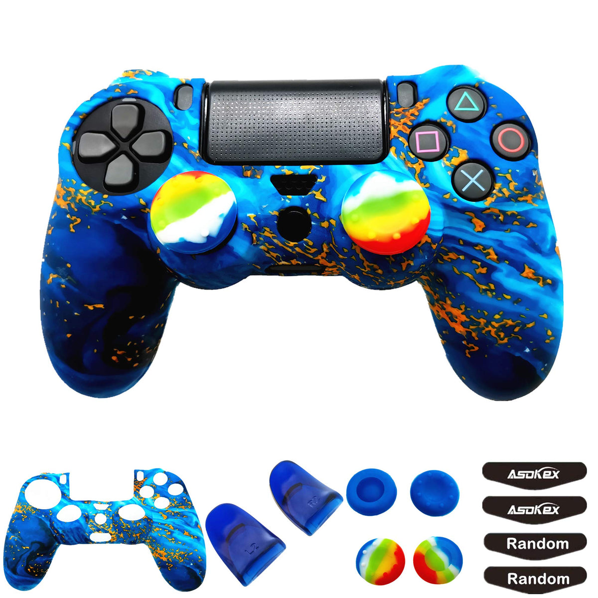Silicone Skin Cover for Ps4 Controller (1pc Anti-Slip Case  1 Pair L2 R2 control button Extender  4pcs Thumb Grips 4pcs LED Light Bar Decal) Protector for DualShock PS4/ Slim/Pro Controller (sky blue&yellow)
