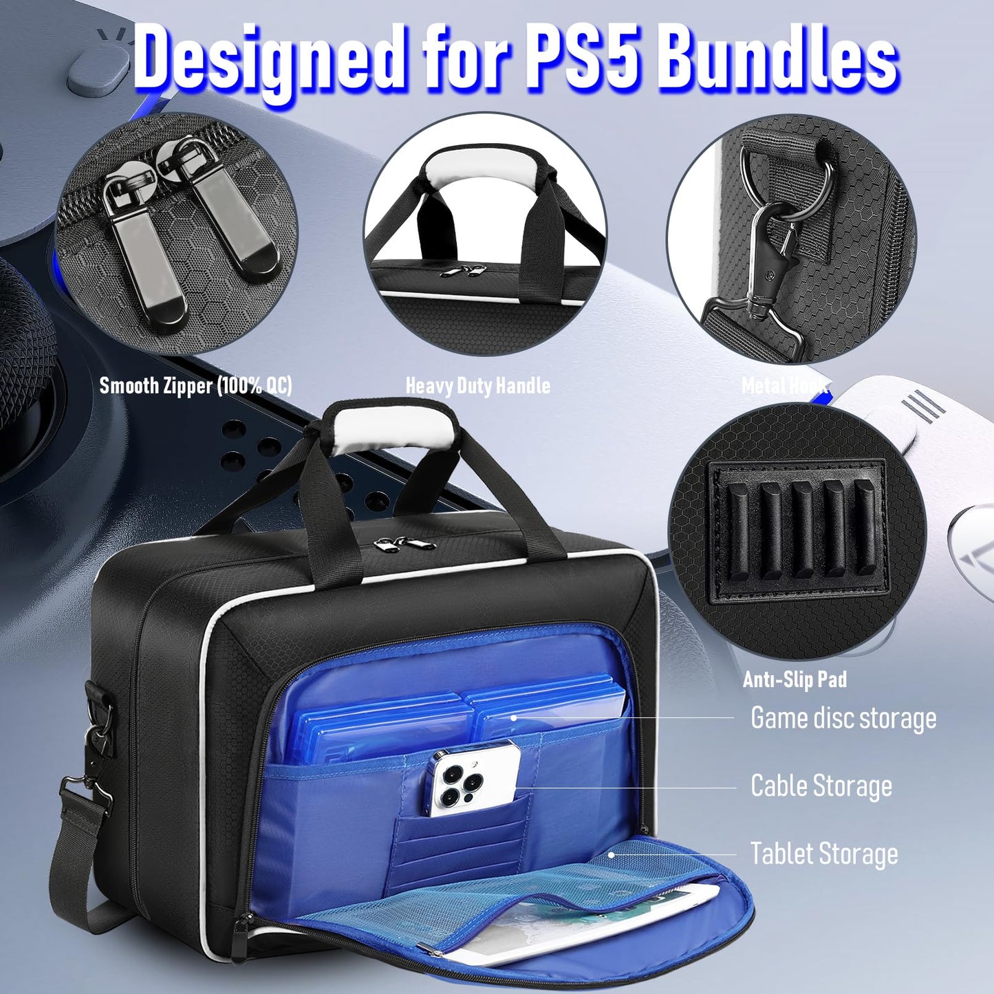 COMECOI PS5 Carrying Case - Large Protective Travel Bag for PS5, White, Model HX0001, Compatible with Console & Accessories