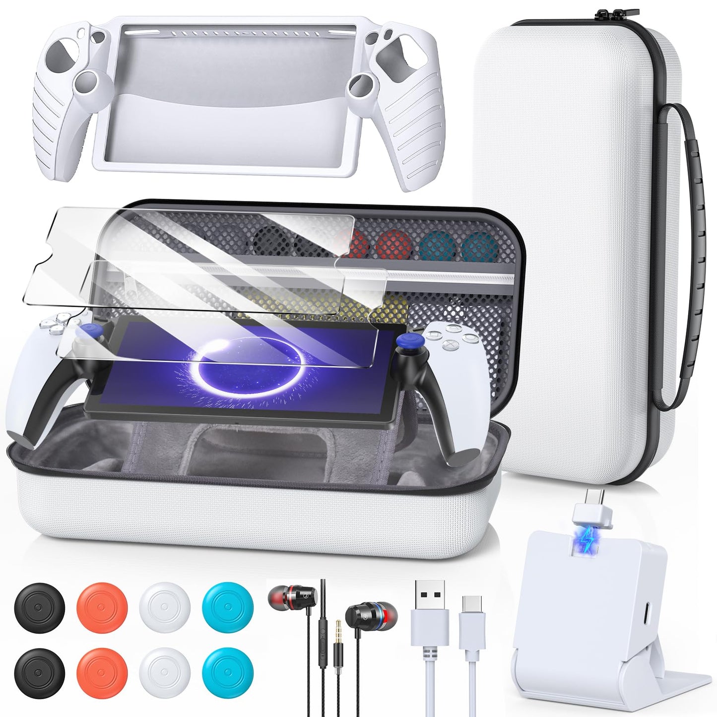 FYOUNG Accessories Kit for PlayStation Portal  Carrying Case Bundle and Magnetic Portable Charger for PS5 Portal with Protective Case  2 Screen Protectors  Wired Headphone  8 Thumb Grips (White)