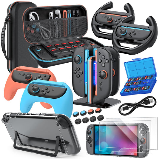 Switch 2 Accessories  Bundle Case for Nintendo Switch 2 (2025)  MENEEA 20-IN-1 Kits: Carrying Case  Controller Charger Dock  Grips for Joy Con Steering Wheels for Mario Kart Protective Cover for Controller Console for Switch 2