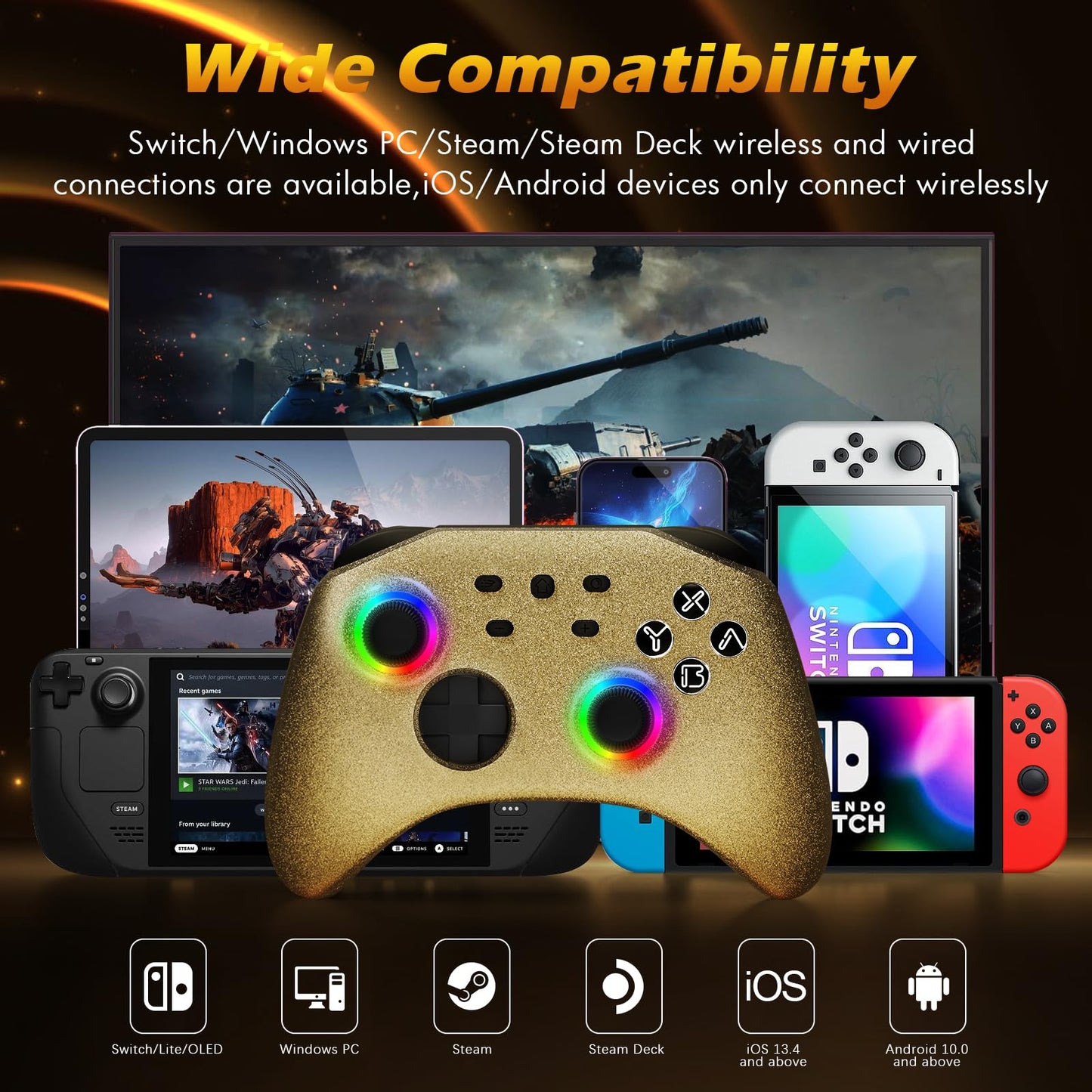Mytrix Gold Wireless Switch Controller, Pro Controller with Turbo, Motion, Vibration, Joystick RGB, Model: ns-gold