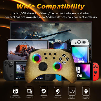 Mytrix Gold Wireless Switch Controller, Pro Controller with Turbo, Motion, Vibration, Joystick RGB, Model: ns-gold