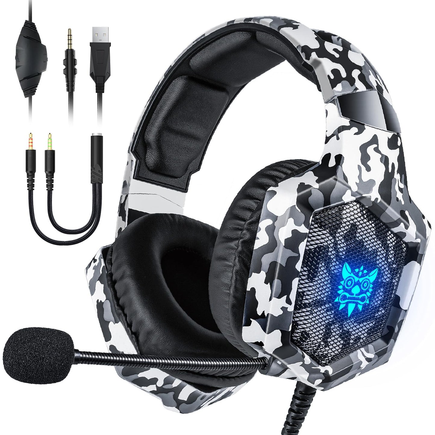 Gaming Headset with Microphone  Gaming Headphones for PS4 PS5 Xbox One PC with LED Lights  PlayStation Headset with Noise Reduction 7.1 Surround Sound Over-Ear and Wired 3.5mm Jack (White)
