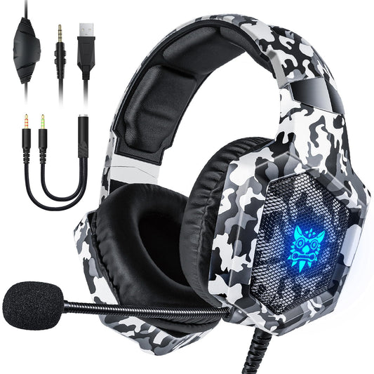Gaming Headset with Microphone  Gaming Headphones for PS4 PS5 Xbox One PC with LED Lights  PlayStation Headset with Noise Reduction 7.1 Surround Sound Over-Ear and Wired 3.5mm Jack (White)