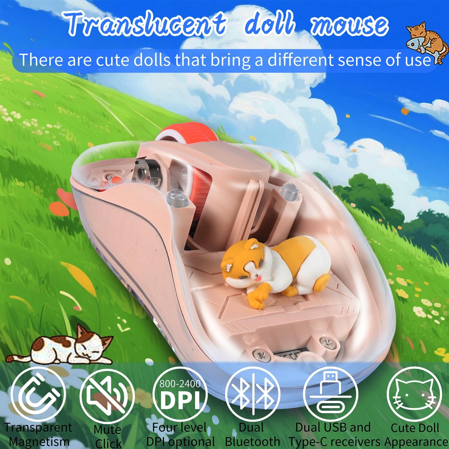 elec Space Cute Wireless USB C Mouse - Bluetooth Triple Mode, Silent, Portable, Milk Tea Color