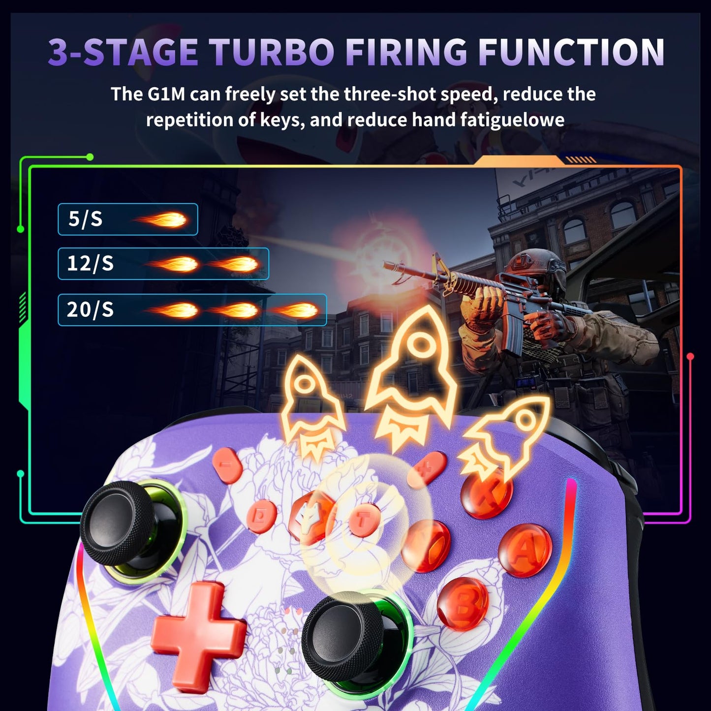 NBCP Switch Wireless Gaming Controller Pro - 2 Macro Buttons, 1000Hz Polling, TURBO, RGB Light, Compatible with PC, Switch, Android, iOS, Purple