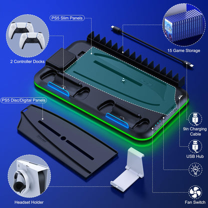EXTREMECOOL PS5 Slim Stand & Turbo Cooling Station with RGB Light, 3 Levels Fan, Game Storage & Headset Holder, Fit PS5 Slim/Black