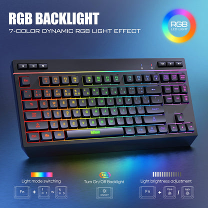 RedThunder K20 TKL Wireless Keyboard & Mouse Combo, RGB Backlit, Compact, Black, Rechargeable
