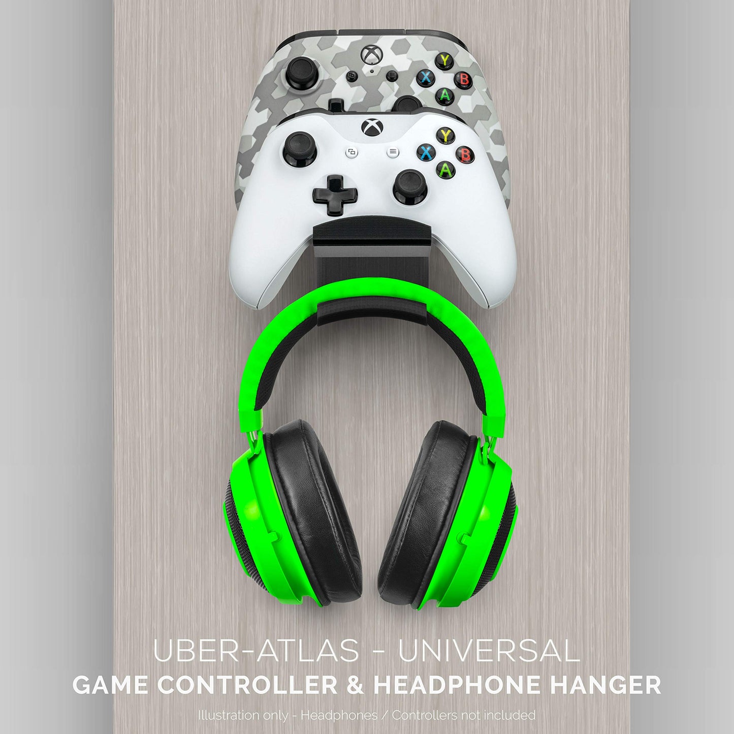 BRAINWAVZ UberAtlas Dual Game Controller & Headphone Wall Mount - Black, No Screws, Fits Xbox, PS5, PS4, Switch & More