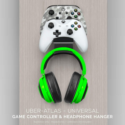 BRAINWAVZ UberAtlas Dual Game Controller & Headphone Wall Mount - Black, No Screws, Fits Xbox, PS5, PS4, Switch & More