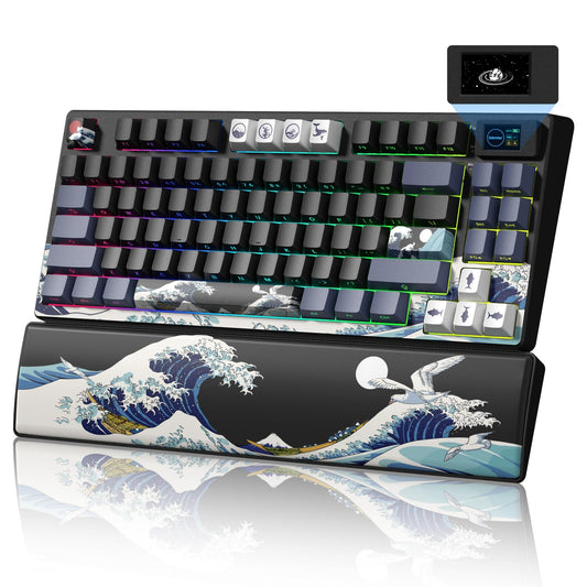 Womier 75% Wireless Mechanical Keyboard with Color Multimedia Screen Anime Gaming Creamy Keyboard  3-Modes Hot Swappable Kanagawa Theme Key Board w/Wrist Rest  Gasket RGB Custom for Mac/Win (SK80 PRO)