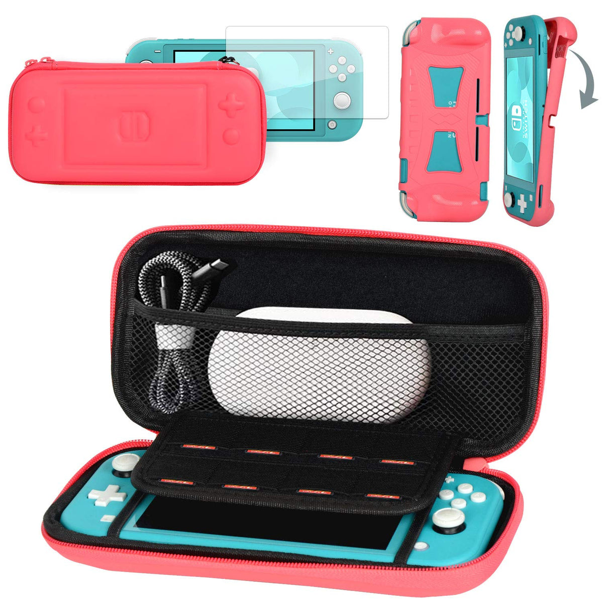 CoBak Carrying Case for Nintendo Switch Lite - with 1 Screen Protector  1 Grip Case and 4 Thumb Grip Caps  Ultra Slim fine EVA Tpartyl Pouch Protective Cover  8 Game refill units  Pink