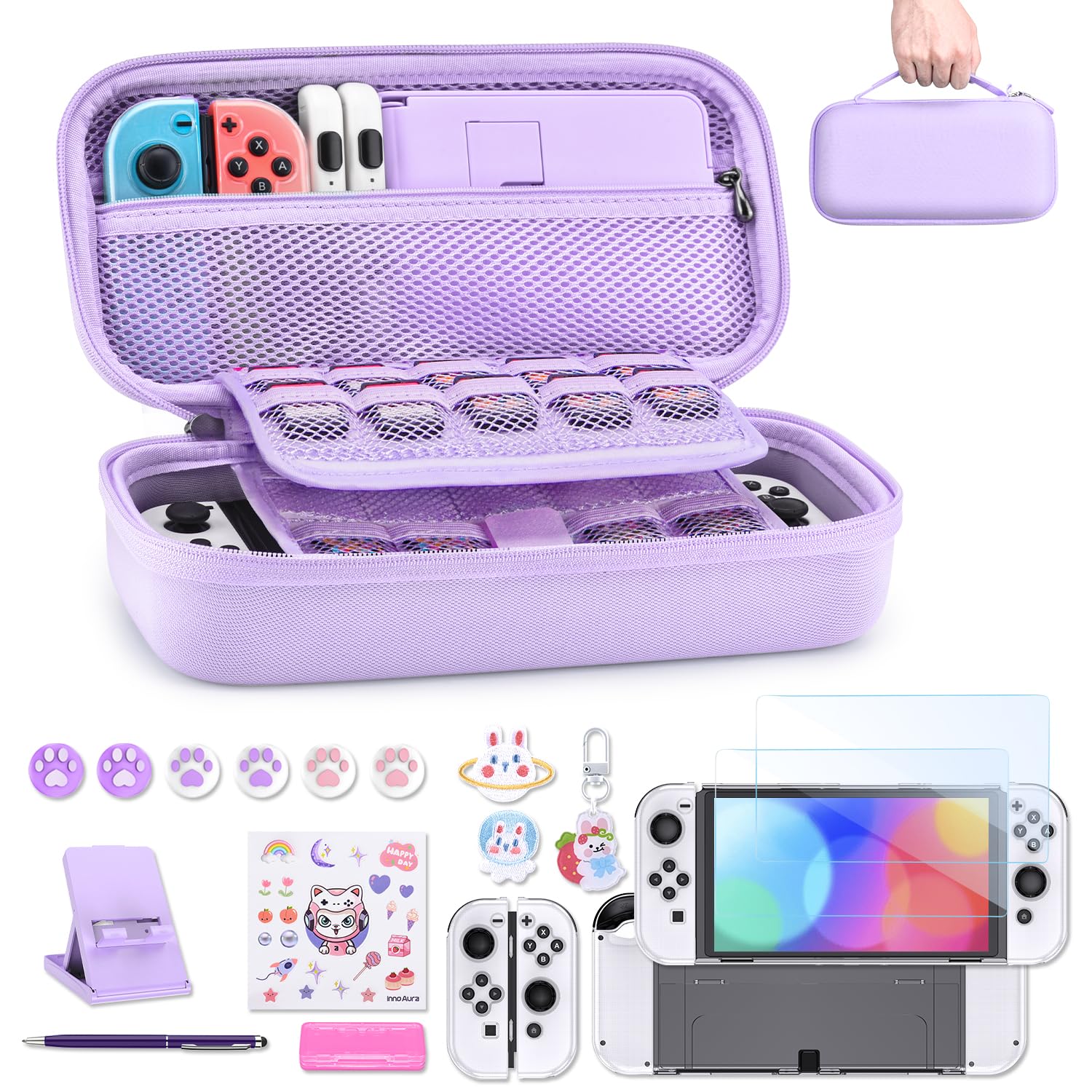 innoAura Switch OLED Case 19-in-1 Bundle for NS Switch OLED (2021)  with Carrying Case  Screen Protector  Stand and Thumb Grips  Purple