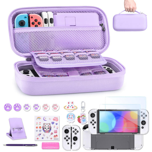 innoAura Switch OLED Case 19-in-1 Bundle for NS Switch OLED (2021)  with Carrying Case  Screen Protector  Stand and Thumb Grips  Purple