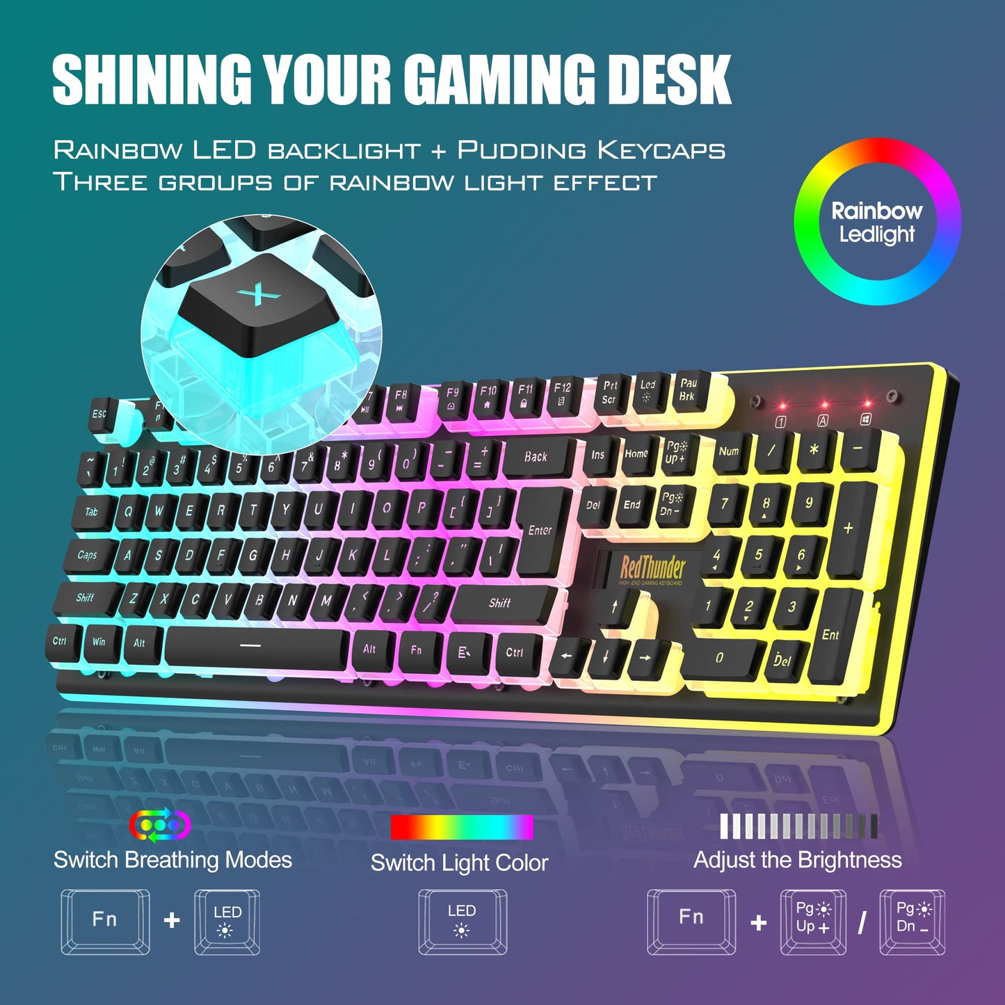 RedThunder K10 Wireless Gaming Keyboard & Mouse Combo, RGB Backlit, 3200DPI, Black Pudding