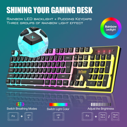 RedThunder K10 Wireless Gaming Keyboard & Mouse Combo, RGB Backlit, 3200DPI, Black Pudding