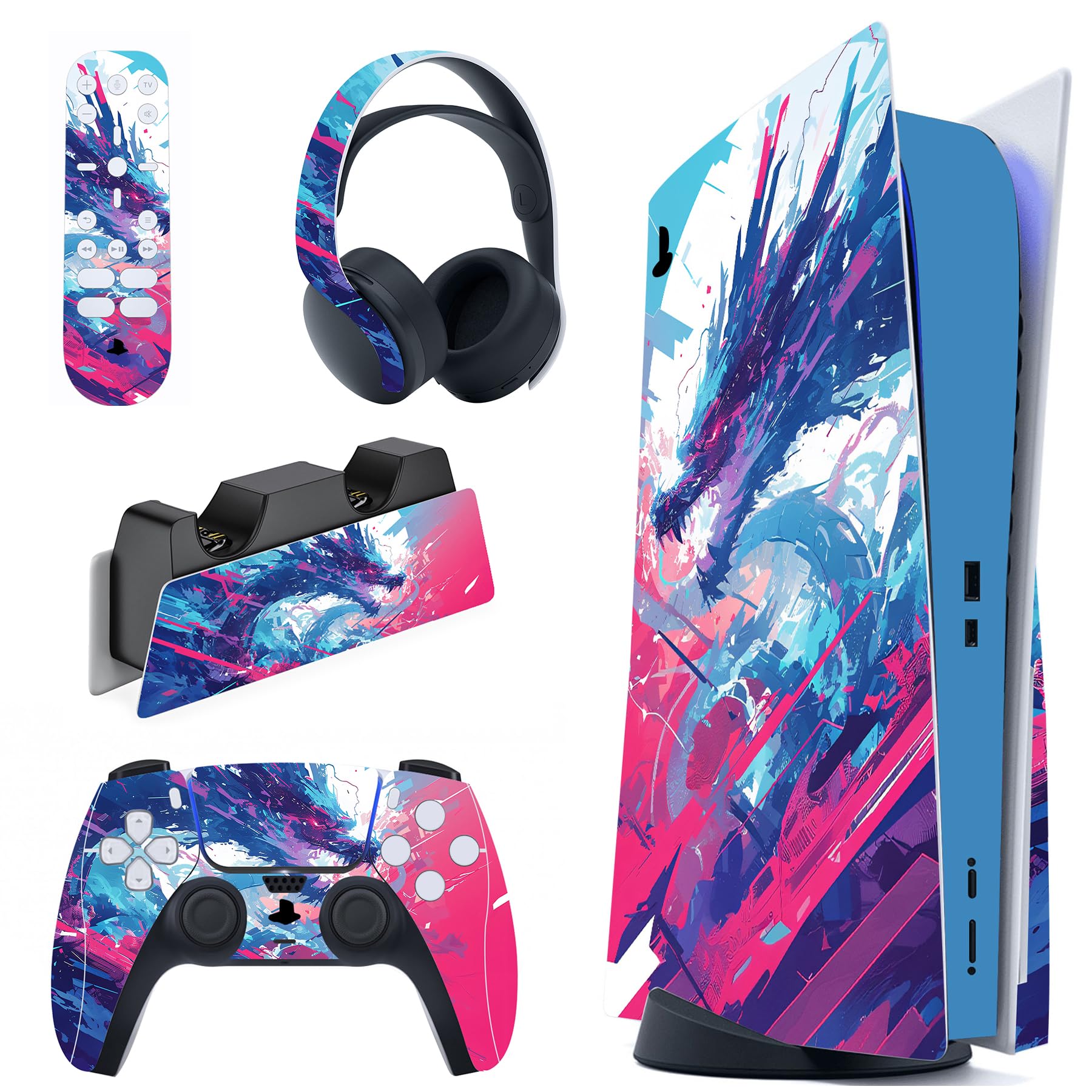 PlayVital Full Set Skin Decal for ps5 Console Disc Edition  Sticker Vinyl Decal Cover for ps5 Controller & Charging Station & Headset & Media Remote - Neon Dragoon
