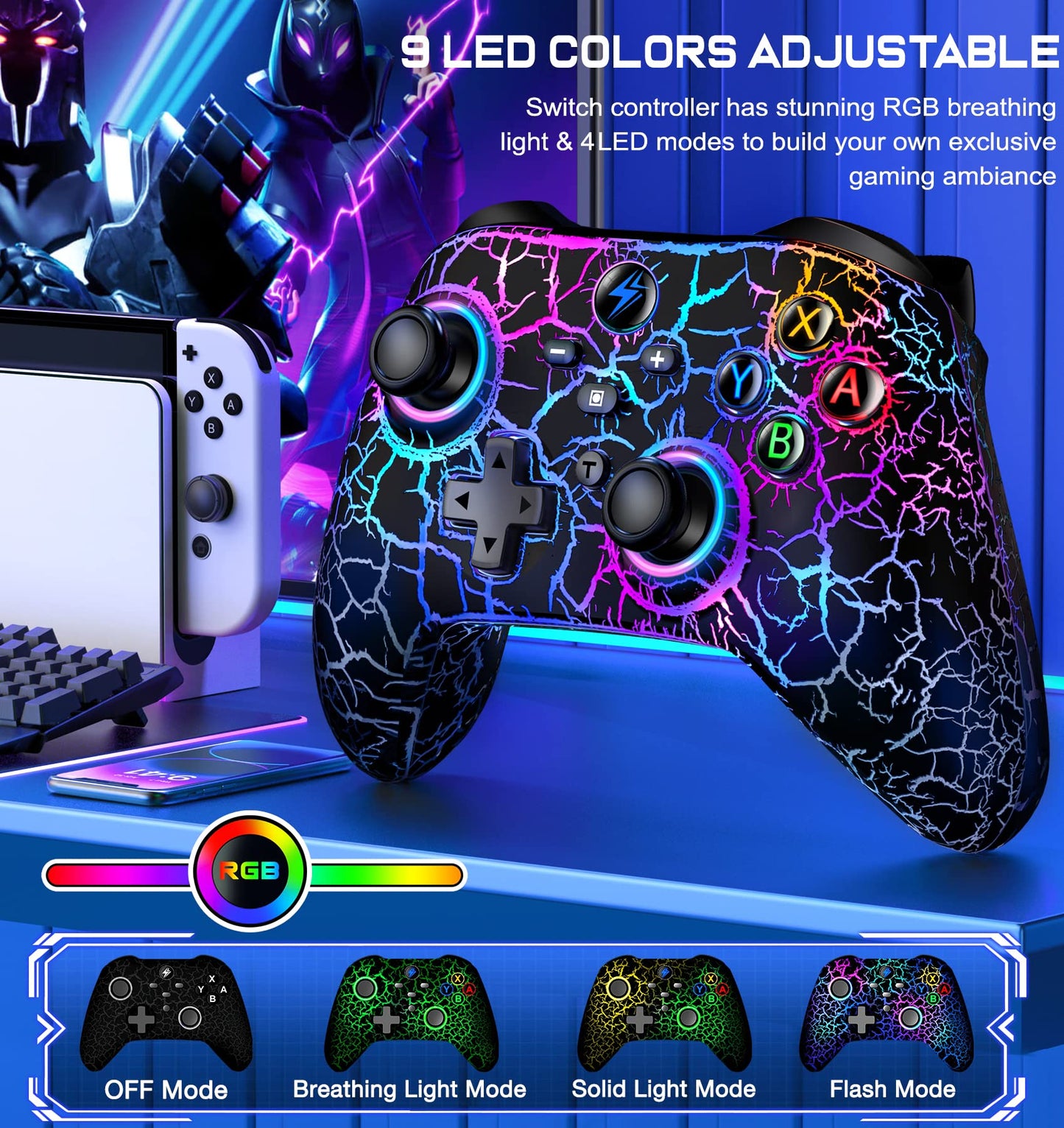 Svetaecho Wireless Switch Pro Controller - RGB, Programmable, Vibration, Turbo, Motion Control - Black-Light Up for Nintendo Switch/Lite/OLED