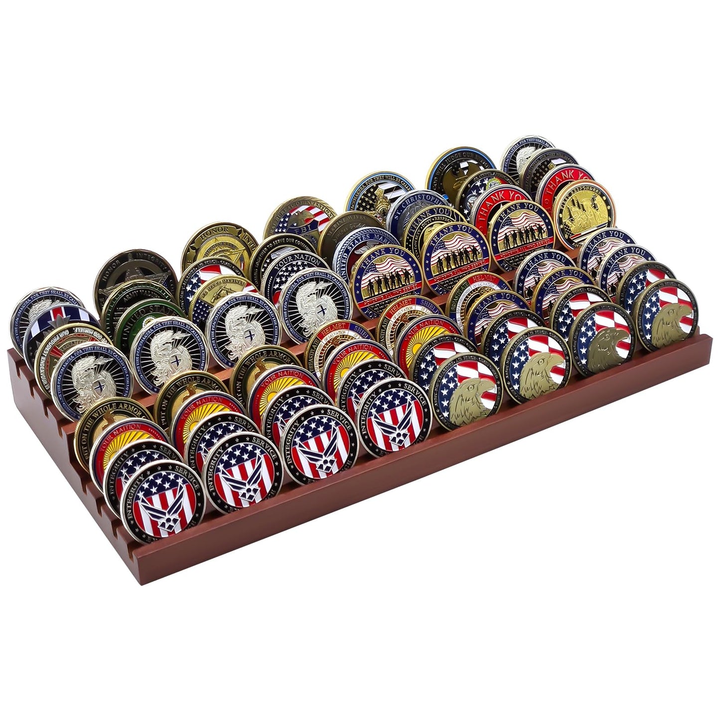 PiaoHao Solid Wood Two-Tier Challenge Coin Display Stand, Holds 50-64 Coins, Brown Wooden Army Collectible Holder