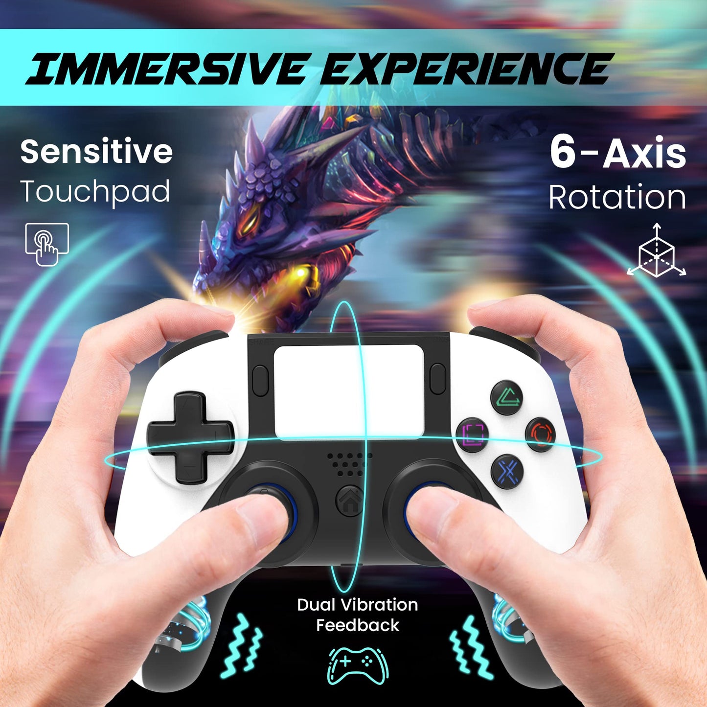 megacom Wireless Bluetooth Controller for P4/PC - Gamepad with Remap Keys, Dual Vibration, Rechargeable Battery, White