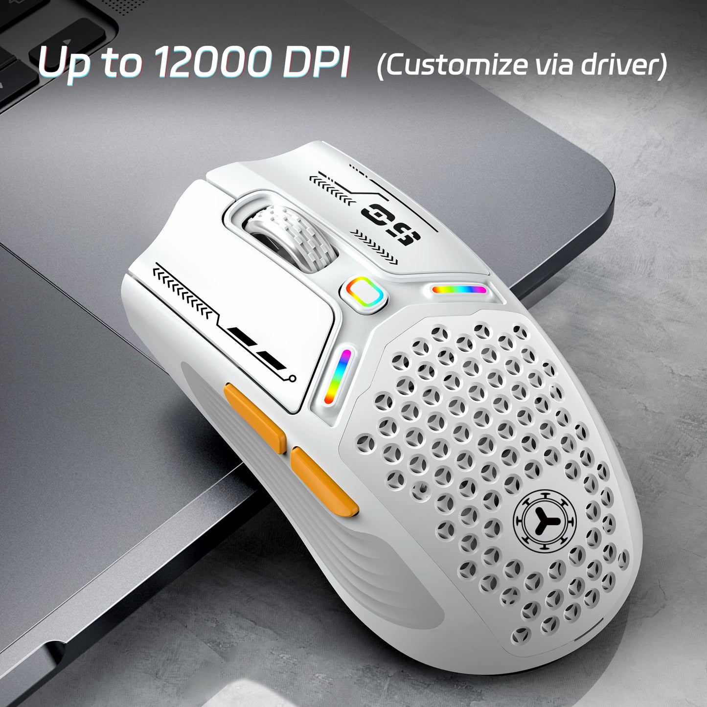 TENMOS M530 Wireless Gaming Mouse - 12000 DPI, RGB, 6 Programmable Buttons, Bluetooth/USB-C, Rechargeable, White