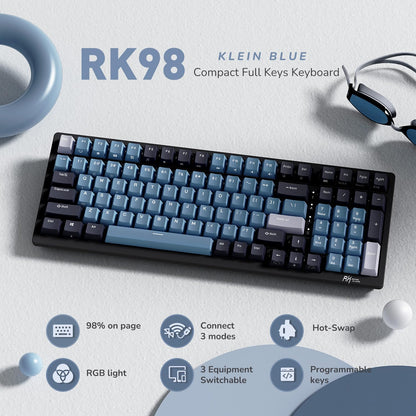RK ROYAL KLUDGE RK98 Mechanical Gaming Keyboard - 100 Keys, Hot Swappable Red Switch, RGB Backlit, USB-C, Blue, Ergonomic Design