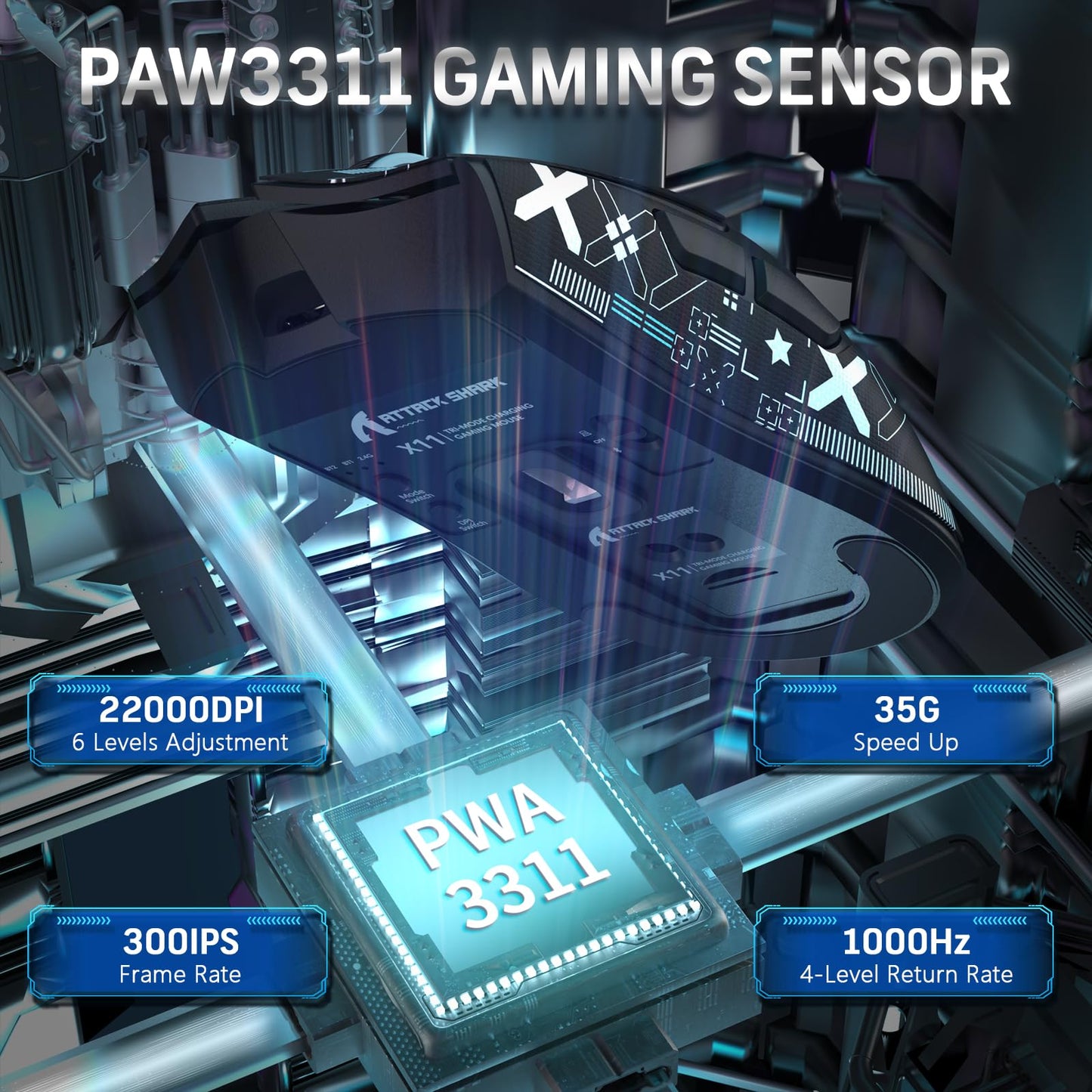 MAGIC-REFINER Wireless Gaming Mouse X11 - 22000 DPI, RGB Dock, 5 Buttons, Superlight, Black & Griptape