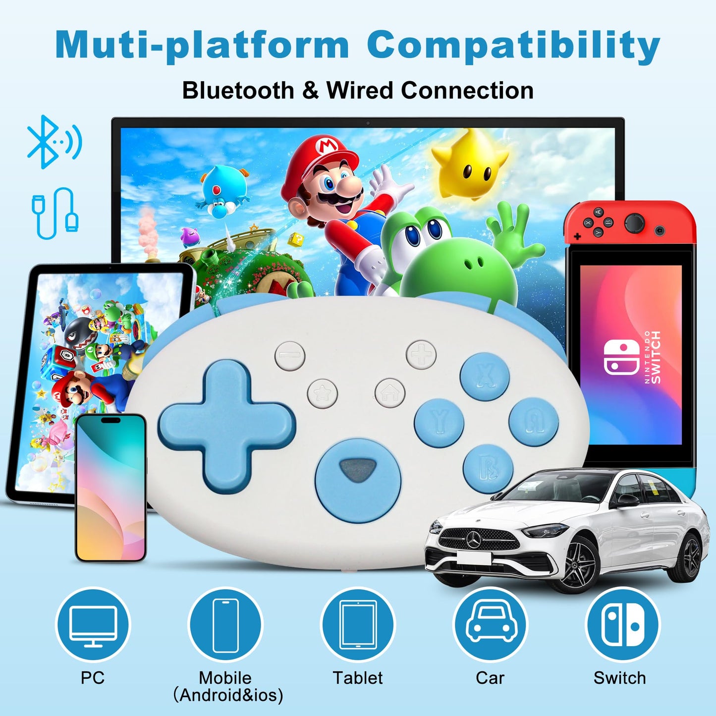 XLX Micro Bluetooth Gamepad - Pocket-sized Mini Controller for Switch, Android, PC & iOS - Blue