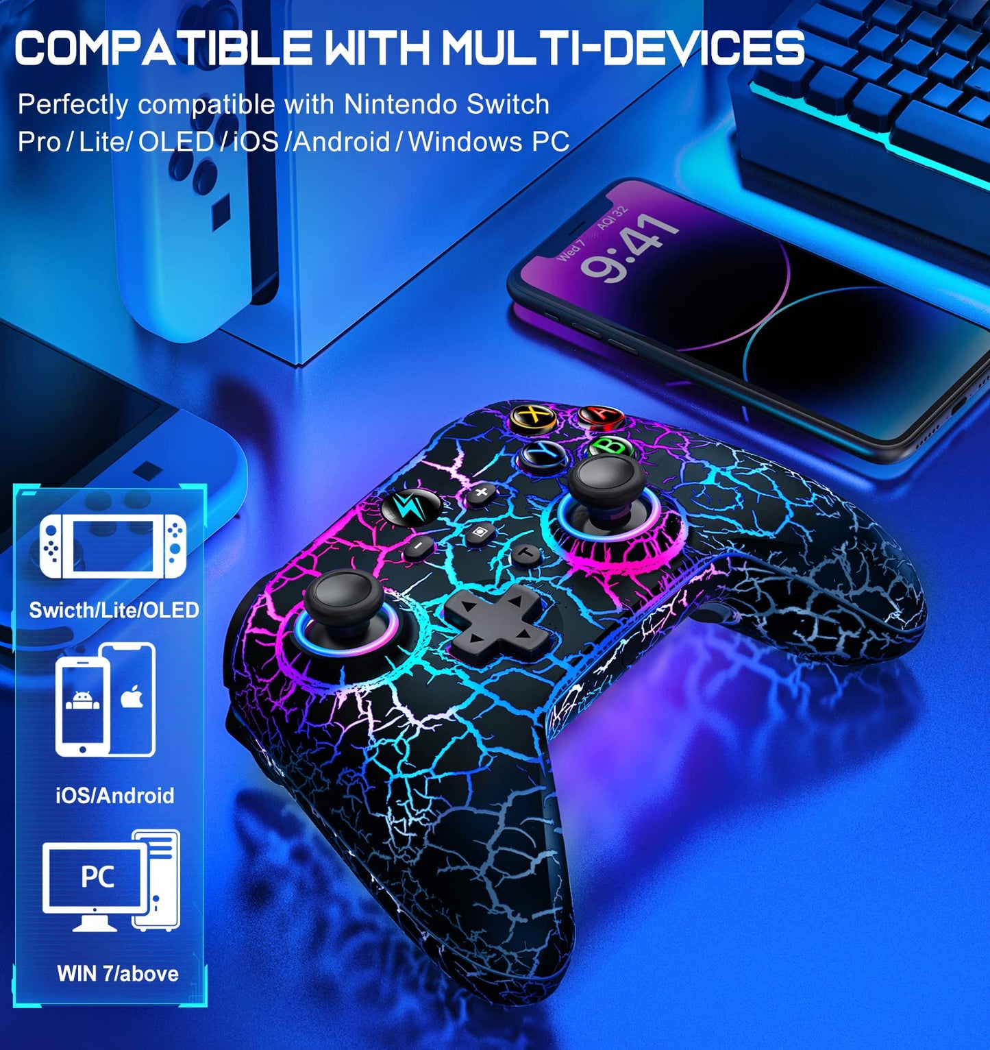 Svetaecho Wireless Switch Pro Controller - RGB, Programmable, Vibration, Turbo, Motion Control - Black-Light Up for Nintendo Switch/Lite/OLED