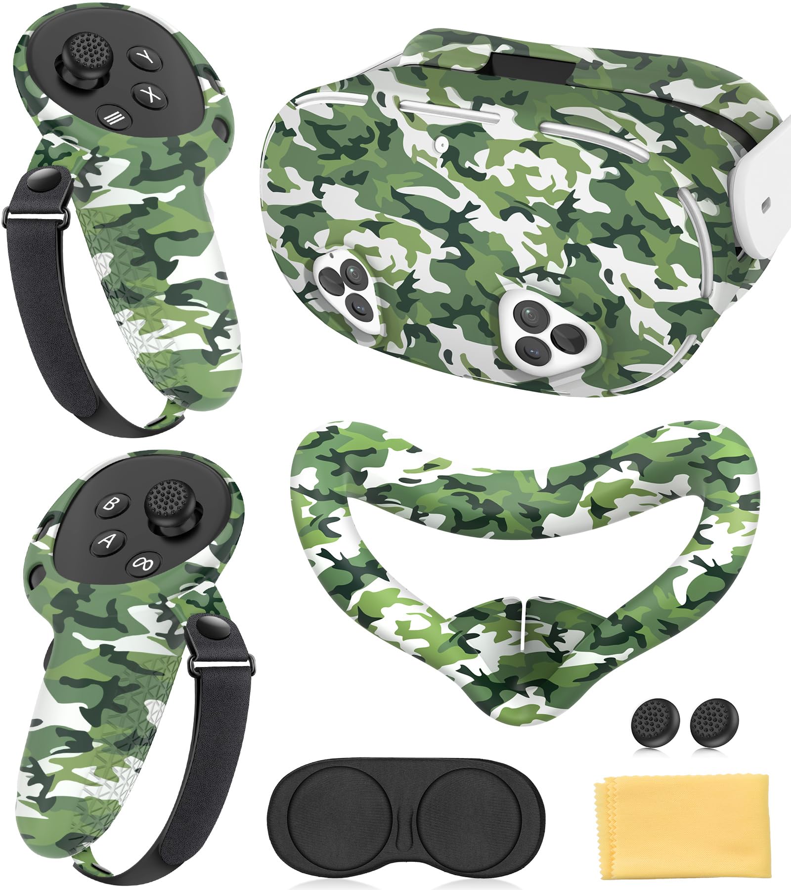 Silicone Cover Set Compatible with Meta Quest 3S Accessories  VR Protector Face Cover  Controller Grips  Front Shell Headset and Lens Protective for Oculus/Meta Quest 3s Accessories(Camouflage Green)
