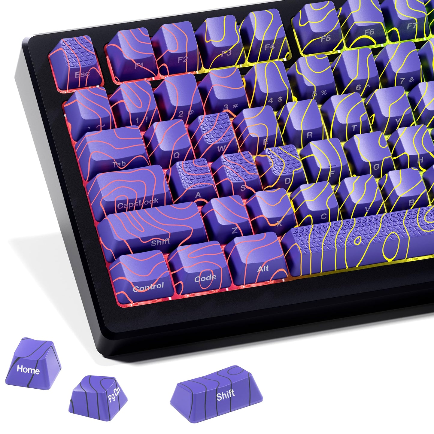 HITIME XVX Shine Through Keycaps w/IMD Tech  Custom Topographic Keycaps 60/75/100%  Purple Backlit  OEM Profile  Side Printed for Keyboards