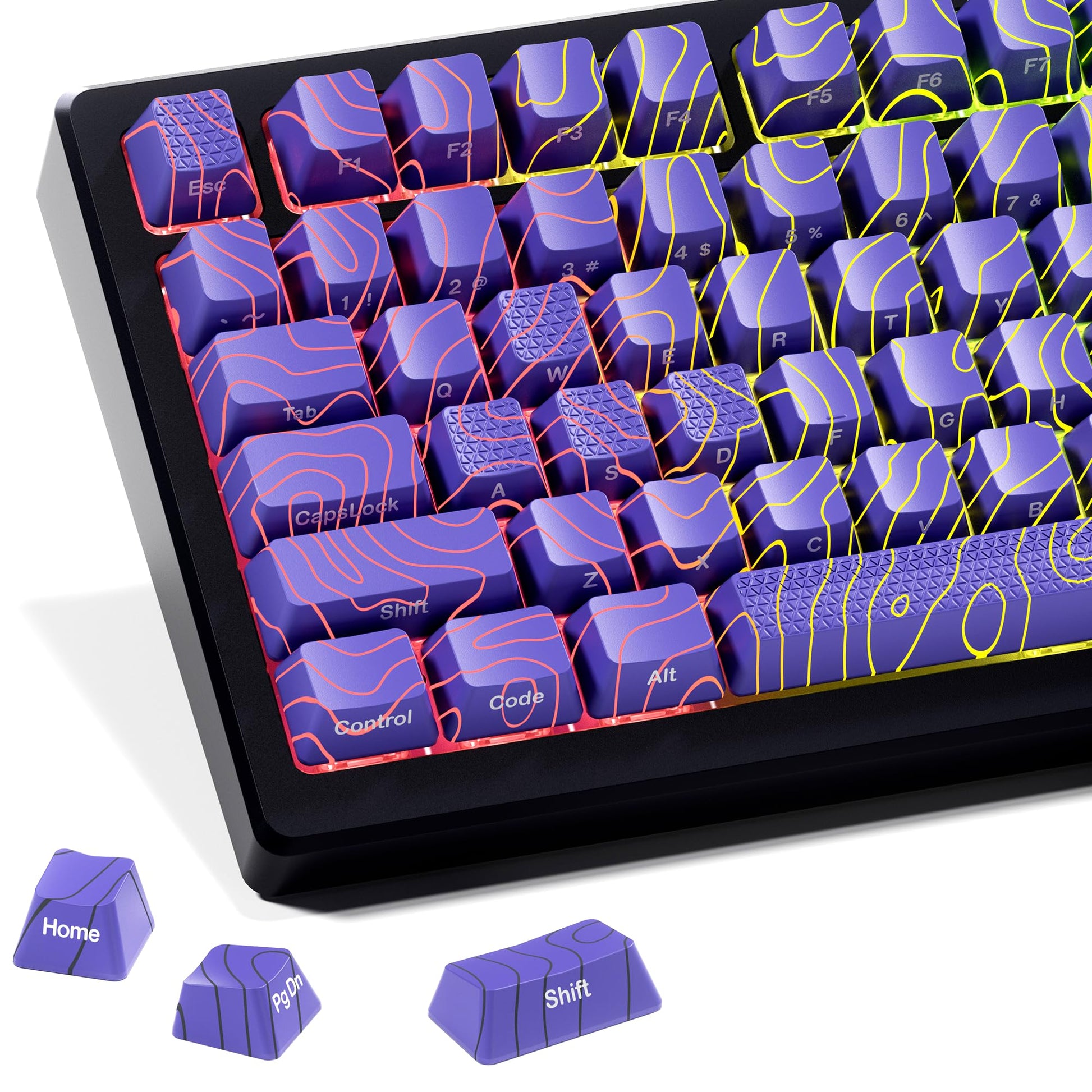 HITIME XVX Shine Through Keycaps w/IMD Tech  Custom Topographic Keycaps 60/75/100%  Purple Backlit  OEM Profile  Side Printed for Keyboards