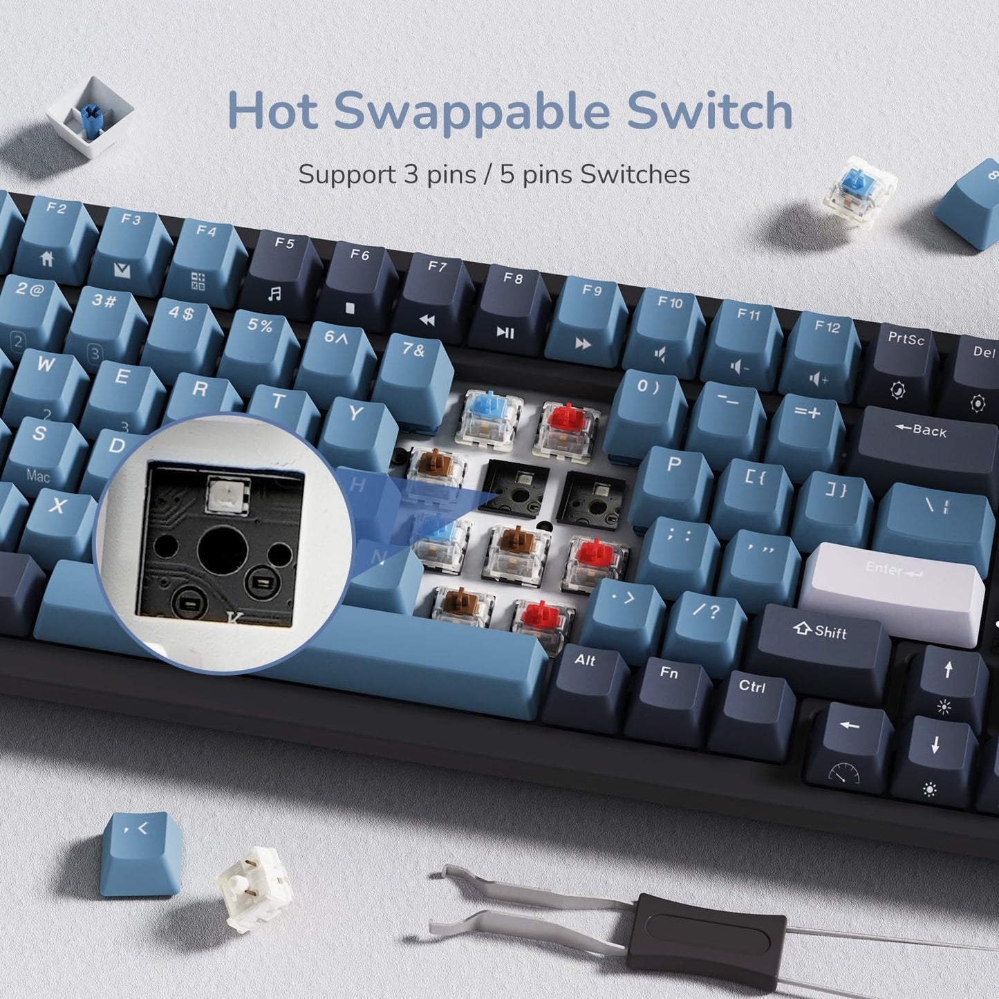 RK ROYAL KLUDGE RK98 Mechanical Gaming Keyboard - 100 Keys, Hot Swappable Red Switch, RGB Backlit, USB-C, Blue, Ergonomic Design