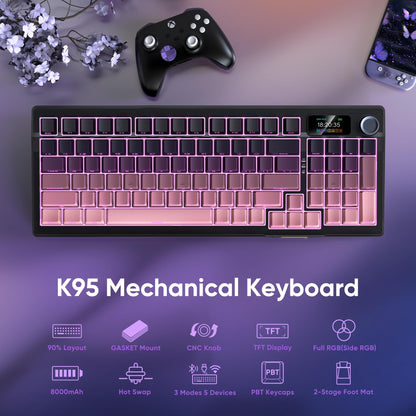 RedThunder K95 Wireless Mechanical Keyboard, TFT Screen, RGB Backlit, Hot-Swap, Gradient Pink Black