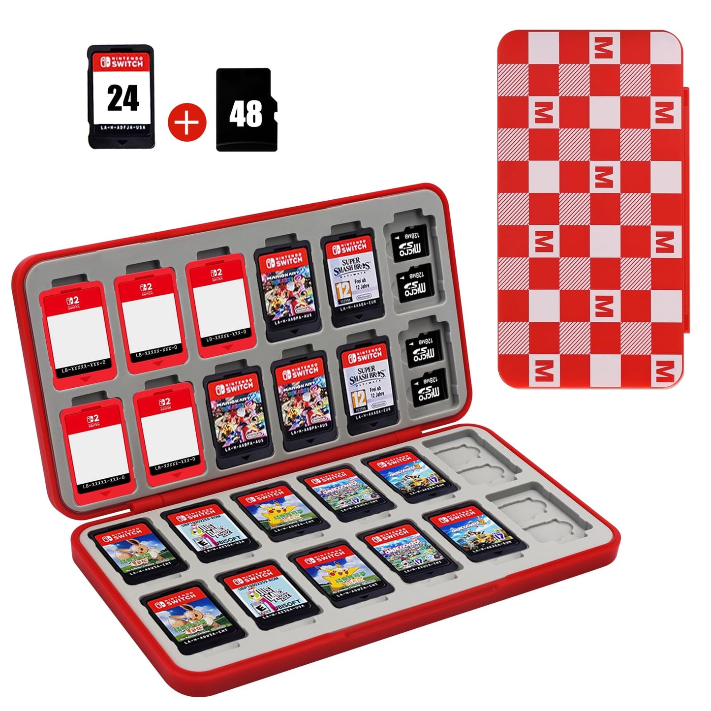 FYY Nintendo Switch Game Case Holder for Switch 2 Cartridge Case with 24 Game Card Slots & 48 Micro SD Card Slots  Hard Shell  Silicone Lining Red M Pattern