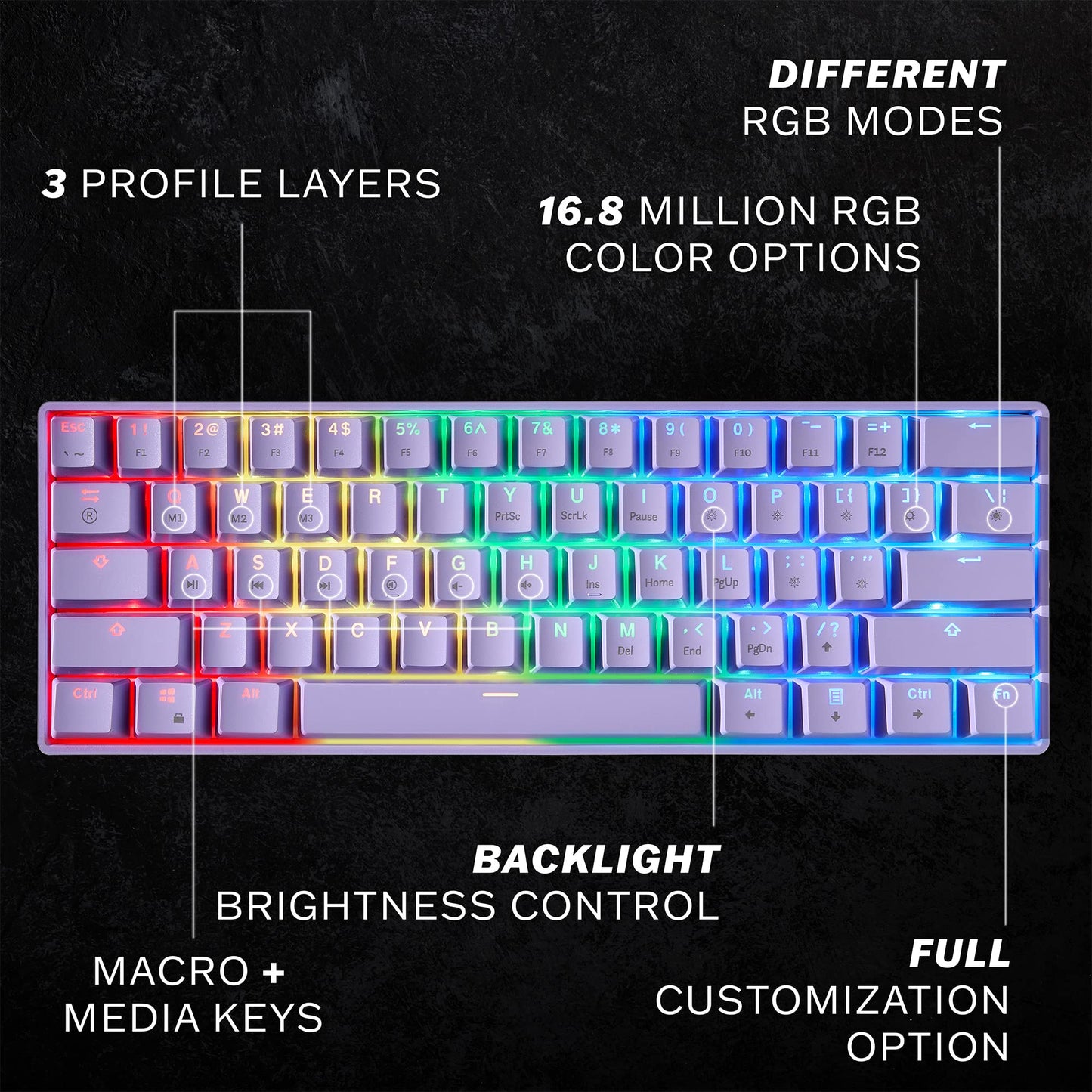 HK GAMING GK61s Mechanical Gaming Keyboard - 61 Keys RGB LED Backlit, Gateron Blue, Lavender Color for PC/Mac Gamers