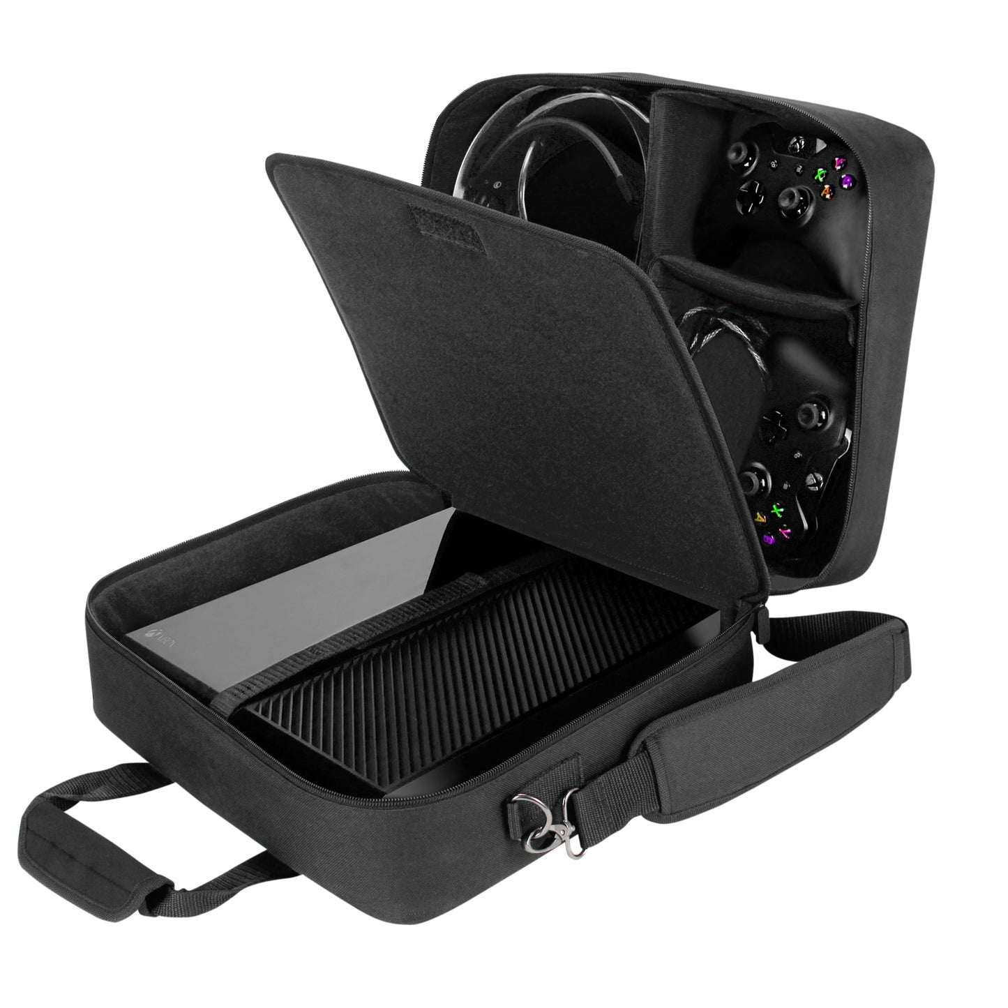 USA Gear Console Carrying Case Fits Xbox One  Series S  Xbox 360 - Travel Case with Water Resistant Exterior  Customizable Accessory Storage for Controllers  Power Cables Gaming Headset & more - Black