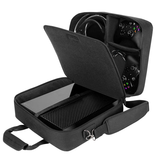 USA Gear Console Carrying Case Fits Xbox One  Series S  Xbox 360 - Travel Case with Water Resistant Exterior  Customizable Accessory Storage for Controllers  Power Cables Gaming Headset & more - Black