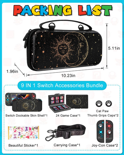 Gurgitat 9in1 Sun Moon Switch Case Bundle for Nintendo Switch - Black, Includes Thumb Grip, Game Holder, Dockable Skin, Shoulder Strap, Sticker