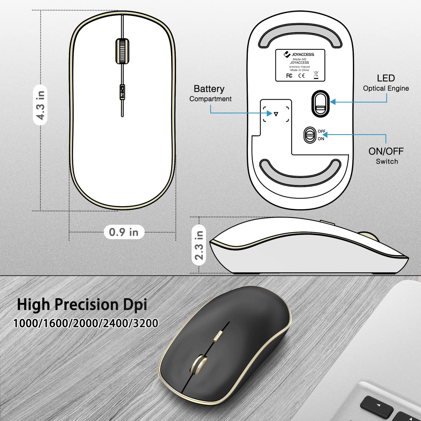 JOYACCESS Wireless Mouse JMS102BG, Portable 5 DPI Levels, Black Gold, USB for Desktop, Notebook, MacBook, Chromebook, PC