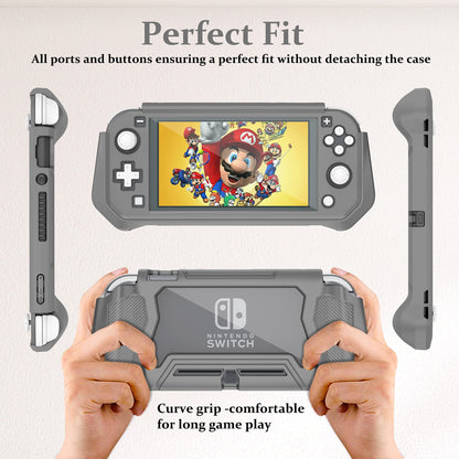 Kailfee Protective Case for Nintendo Switch Lite - TPU Shock-Absorption, Anti-Scratch, Gray with Built-in Screen Protector & Thumb Grip Caps