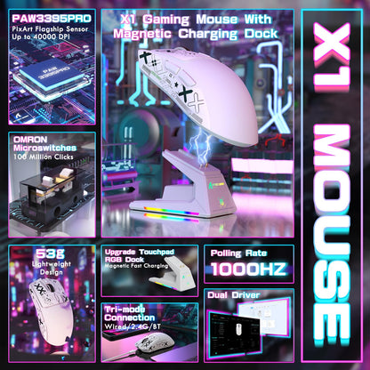 ATTACK SHARK X1 Ultralight Wireless Gaming Mouse - 40000DPI, RGB Dock, Anti-Slip Grip, White+Grip Tape