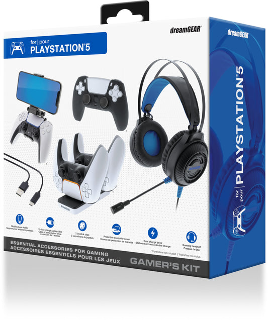 dreamGEAR Gamers Kit for PlayStation 5: Gaming Headset with 50mm Drivers  PS5 Controller Charger  Adjustable Phone Mount  USB-C Cable  Protective Cover and Caps