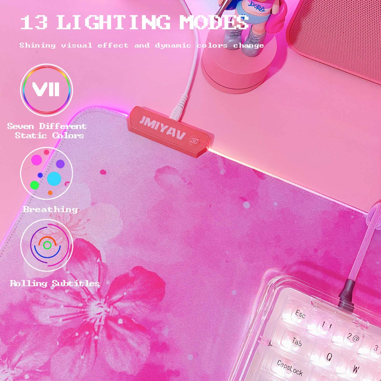 JMIYAV RGB Cherry Blossom Gaming Mouse Pad, 31.5x12 Inch, Pink, XL Large, Non-Slip Rubber Base, Glowing LED Light Up