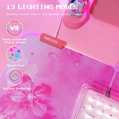 JMIYAV RGB Cherry Blossom Gaming Mouse Pad, 31.5x12 Inch, Pink, XL Large, Non-Slip Rubber Base, Glowing LED Light Up