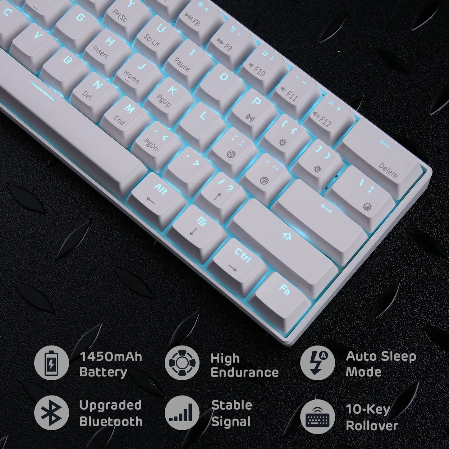 RK ROYAL KLUDGE RK61 Wireless 60% Mechanical Gaming Keyboard, Hot Swappable Blue Switch, Bluetooth, White
