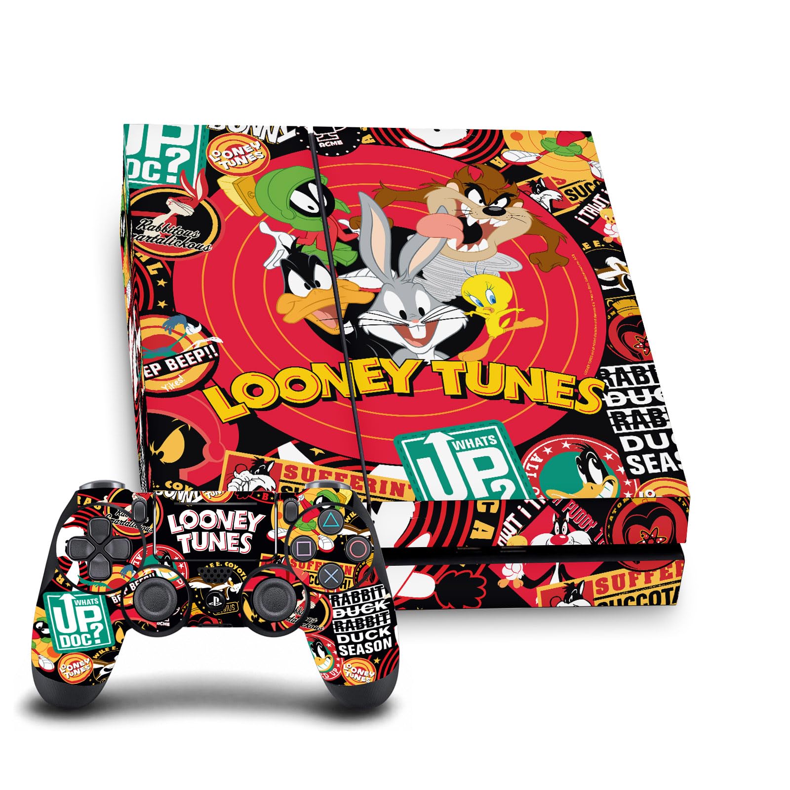 Head Case Designs Officially Licensed Looney Tunes Sticker Collage Graphics and Characters Vinyl Gaming Skin Decal Compatible With Sony PlayStation 4 PS4 Console and DualShock 4 Controller Bundle