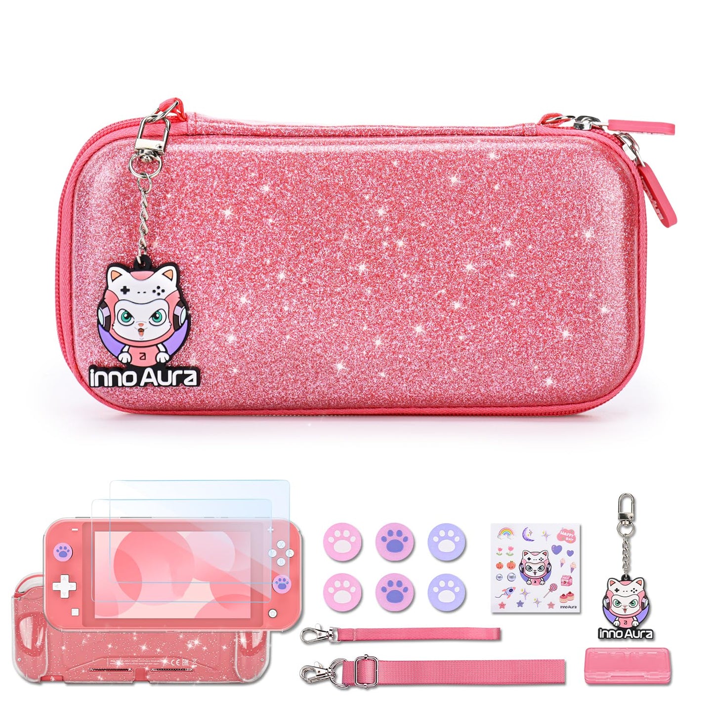 innoAura Switch Lite Case  15-in-1 Accessories Set with Carrying Case  Screen Protector  Game Case & Cat Thumb Caps (Glitter Pink)
