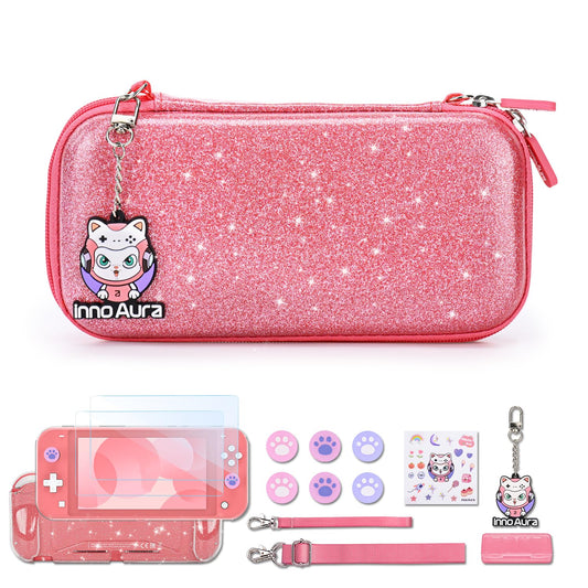 innoAura Switch Lite Case  15-in-1 Accessories Set with Carrying Case  Screen Protector  Game Case & Cat Thumb Caps (Glitter Pink)